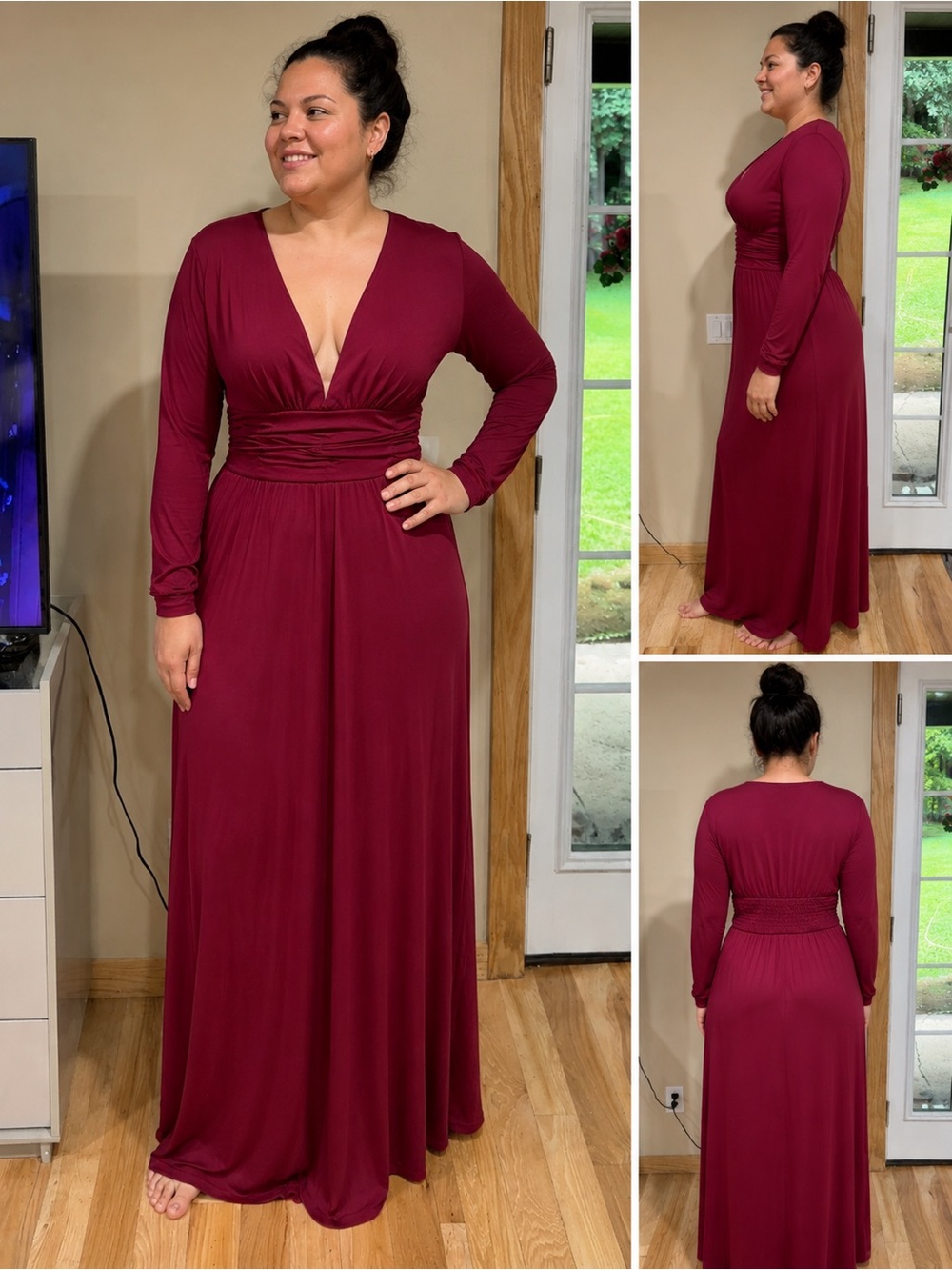 Long Sleeve Deep V Maxi Dress in Burgundy